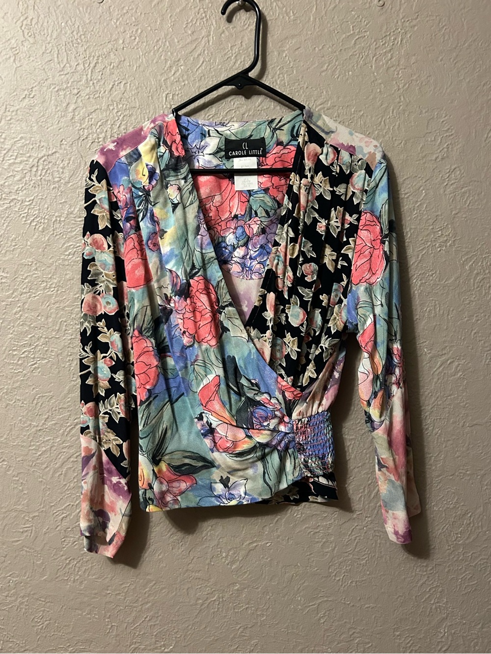 Carole Little Multicolor Floral Wrap Blouse with Black Floral Panels